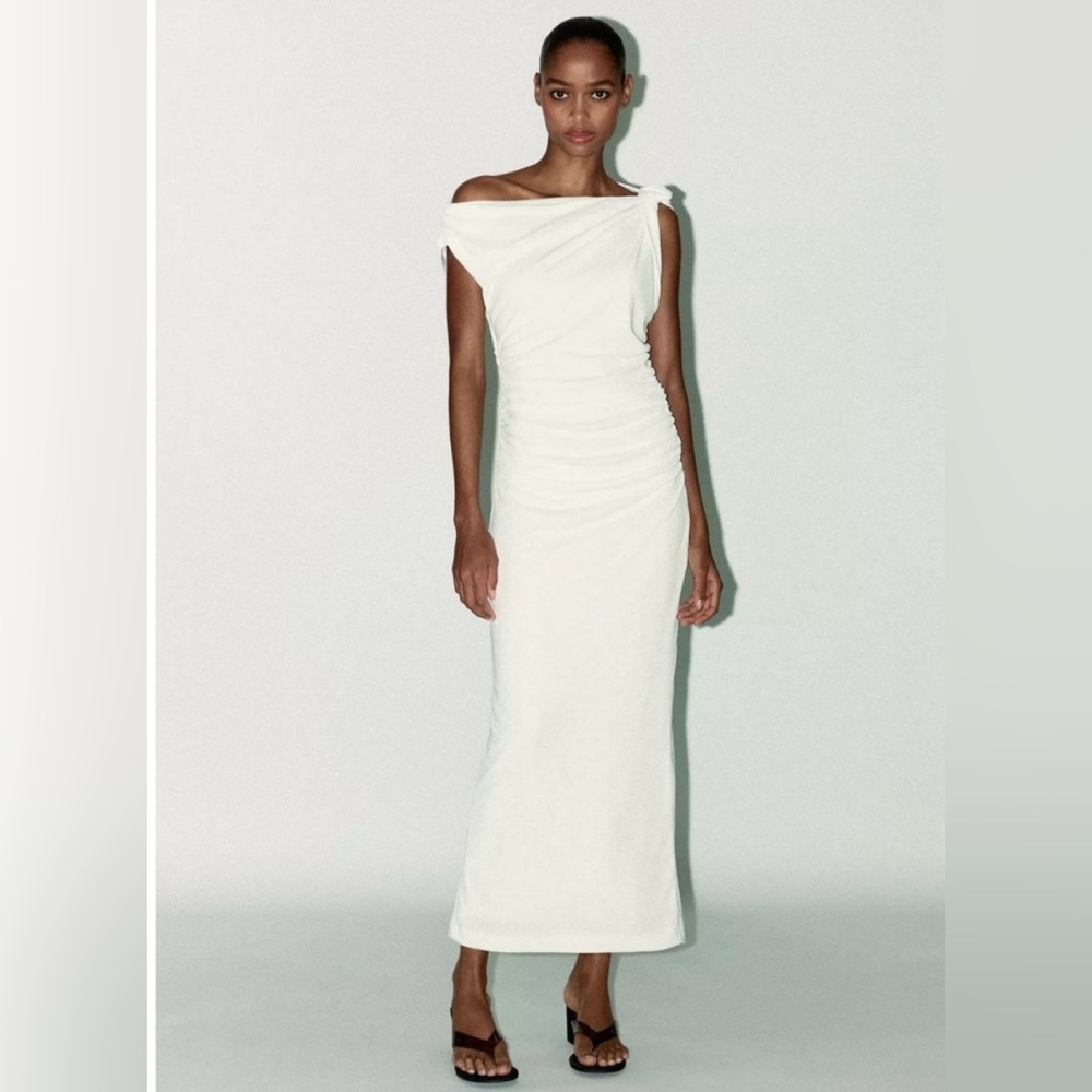 Zara Asymmetrical Off-Shoulder Cream Dress